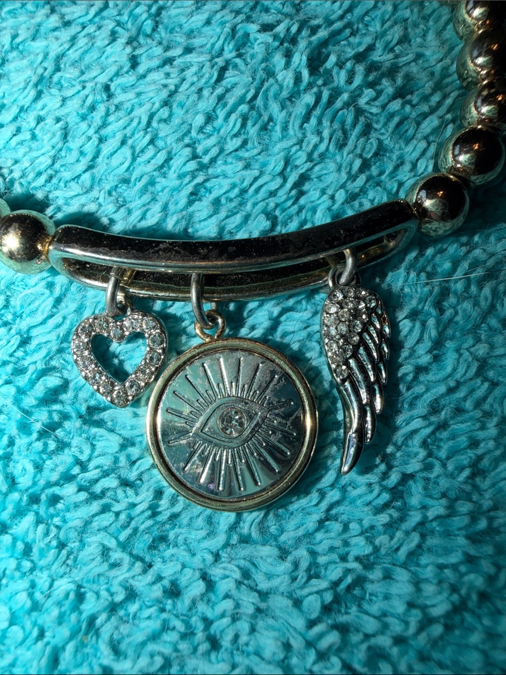 Gold-Tone Beaded Charm Bracelet with Heart, Wing and Eye Charms - Picture 2 of 3